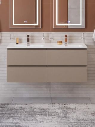 Тумба с раковиной BelBagno Kraft 120 подвесная, матовая бежевая, раковина bb1200-2-etl, для двоих, с ящиками