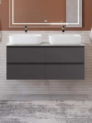 Тумба с раковиной BelBagno Kraft 120 подвесная, матовая темно-серая, столешница kep-120-2-cem, раковина BB1304, для двоих, с ящиками