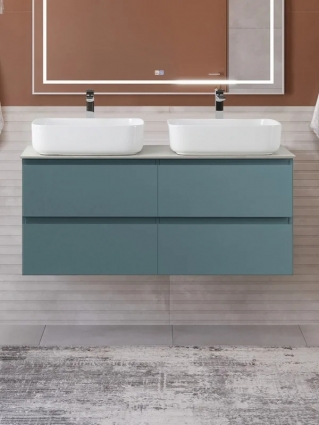 Тумба с раковиной BelBagno Kraft 120 подвесная, матовая голубая, столешница kep-120-2-cem, раковина BB1304, для двоих, с ящиками