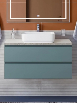 Тумба с раковиной BelBagno Kraft 100 подвесная, матовая голубая, столешница kep-100-mgl, раковина BB1304, с ящиками