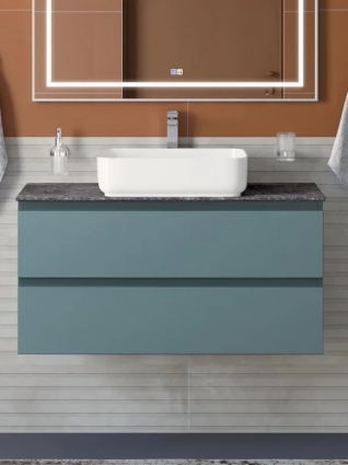 Тумба с раковиной BelBagno Kraft 100 подвесная, матовая голубая, столешница kep-100-grn, раковина BB1304, с ящиками