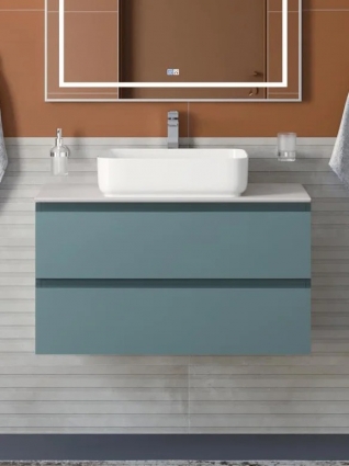 Тумба с раковиной BelBagno Kraft 100 подвесная, матовая голубая, столешница kep-100-bo, раковина BB1304, с ящиками