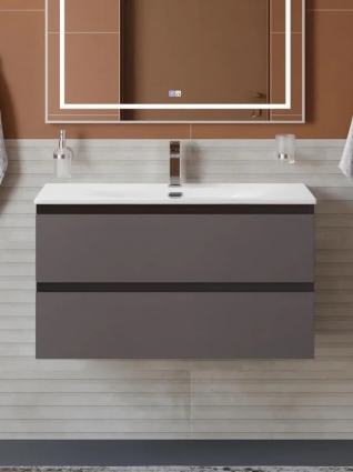 Тумба с раковиной BelBagno Kraft 100 подвесная, матовая темно-серая, раковина bb-8099-100, с ящиками