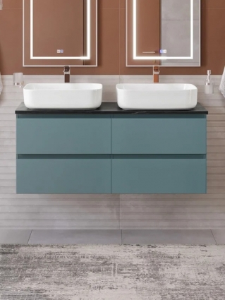 Тумба с раковиной BelBagno Kraft 120 подвесная, матовая голубая, столешница kep-120-2-mno, раковина BB1304, для двоих, с ящиками