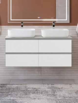 Тумба под раковину со столешницей BelBagno Kraft 120 подвесная, bianco opaco, столешница kep-120-2-cem, для двоих, матовая, с ящиками