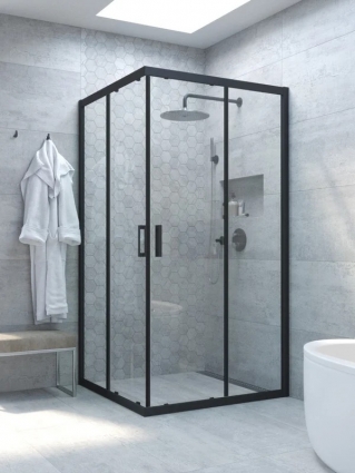 Душевой уголок Vegas Glass Za Novo h2000 110 02М 01 профиль матовый черный, стекло прозрачное, квадратный, двери раздвижные