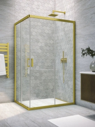 Душевой уголок Vegas Glass ZA-F Novo h2000 120*100 03 01 профиль матовое золото, стекло прозрачное, прямоугольный, двери раздвижные
