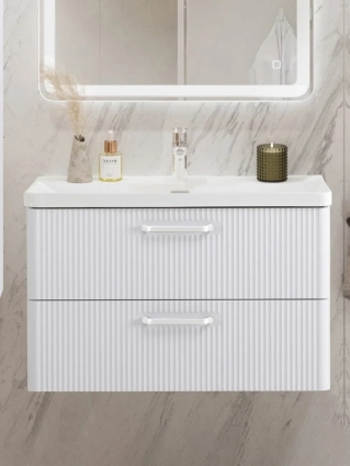 Тумба с раковиной BelBagno Due 80 ручки белые, bianco lucido, подвесная, глянцевая