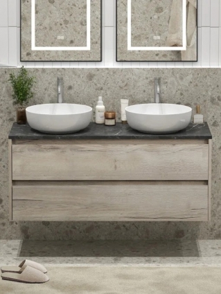 Тумба под раковину со столешницей BelBagno Kraft 120 подвесная,  для двоих, 2 ящика, rovere galifax bianco, матовая