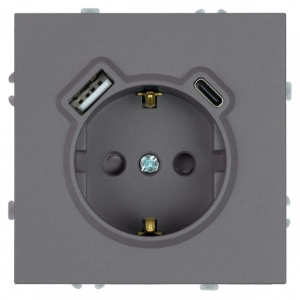 Розетка 1-местная з/ш с/з 16А + USB + Type C (механизм), Stekker, 250В, 20W Эмили, платиново-серый, soft-touch, RST16-5119-10 50219, цвет серый