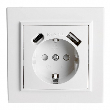 Розетка 1-местная Stekker, PST16-9016-01, 250В, 2.1А с USB+ type C Эрна, белый 50076, цвет белый