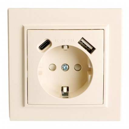 Розетка 1-местная с/з Stekker, PST16-9016-02, 250В, 16А с USB+ type C Эрна, слоновая кость 50077, цвет кремовый