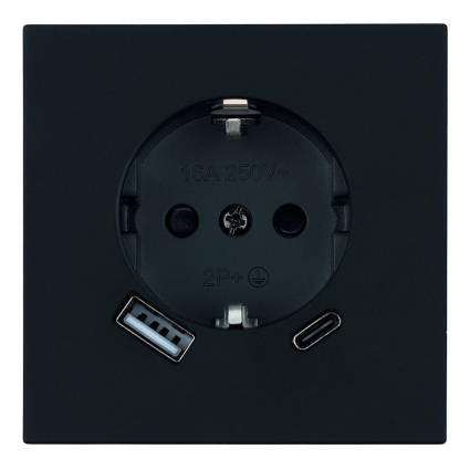 Розетка 1-местная з/ш с/з 16А + USB + Type C (механизм), Stekker, 250В, 20W Мия, RST16-3119-05, черный бархат 50452, цвет черный