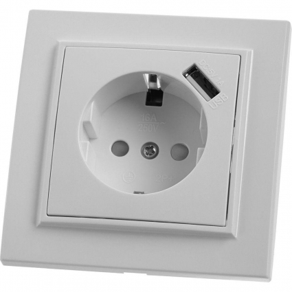 Розетка 1-местная с/з Stekker, PST16-9011-01, 250В, 16А с защитной шторкой и с USB Эрна, белый 39051, цвет белый