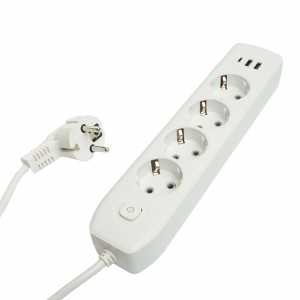 Удлинитель 4-местный c/з 3x1 мм2, 1,8 м, 250В, 10А, 2USB+1Type-C 2,4А Home plus, белый Stekker HM08-43-02 49971, цвет белый