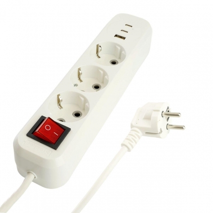 Удлинитель 3-местный с/з с выключ. Stekker HM071-31-05 3x1мм2, 5м, 250В, 16А, 1USB+2C, 2.4A Home, белый 50138, цвет белый, мощность 3520 Вт