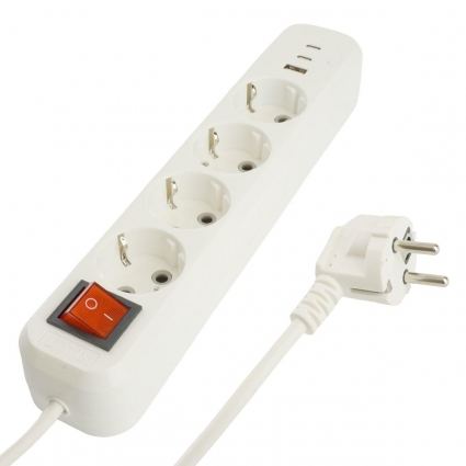 Удлинитель 4-местный с/з с выключ. Stekker HM071-41-05 3x1мм2, 5м, 250В, 16А, 1USB+2C, 2.4A Home, белый 50141, цвет белый, мощность 3520 Вт