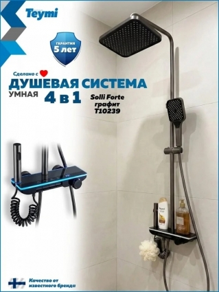 Душевая стойка Teymi Solli Forte T10239 графит штанга 105 см, шланг силиконовый 150 см
