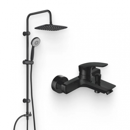 Душевой комплект Смеситель Aquanet Static AF330-20B + Стойка Passion AF300-70-RC-B цвет черный,  в современном стиле