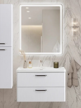 Мебель для ванной комнаты BelBagno Due 80 ручки матовый темный никель, белый металлик, подвесная, с ящиками