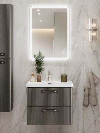Мебель для ванной комнаты BelBagno Due 50 ручки матовый атласный никель, оружейная сталь, подвесная, с ящиками
