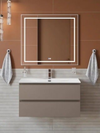 Мебель для ванной комнаты BelBagno Kraft 90 подвесная, матовая бежевая, раковина bb-8099-90, с ящиками