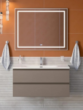 Мебель для ванной комнаты BelBagno Kraft 100 подвесная, матовая бежевая, раковина bb-8099-100, с ящиками