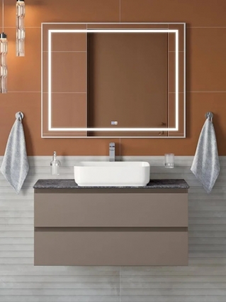 Мебель для ванной комнаты BelBagno Kraft 100 подвесная, матовая бежевая, столешница kep-100-grn, раковина BB1304, с ящиками