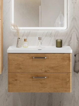 Тумба с раковиной BelBagno Due 80 ручки матовый атласный никель, rovere nature, подвесная, с ящиками
