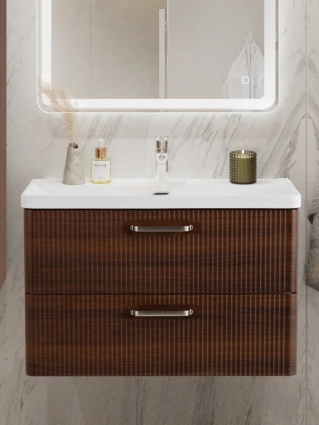 Тумба с раковиной BelBagno Due 80 ручки матовый атласный никель, noce, подвесная, с ящиками