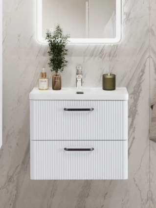 Тумба с раковиной BelBagno Due 60 ручки матовый темный никель, белый металлик, подвесная, с ящиками