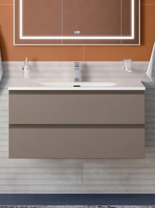 Тумба с раковиной BelBagno Kraft 100 подвесная, матовая бежевая, раковина bb-8099-100, с ящиками