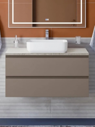 Тумба под раковину со столешницей BelBagno Kraft 100 подвесная, матовая бежевая, столешница kep-100-mgl, с ящиками