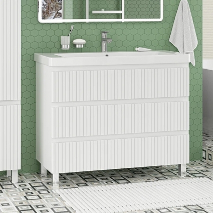 Тумба с раковиной Brevita Victory 105 напольная, белая эмаль, матовая, с ящиками