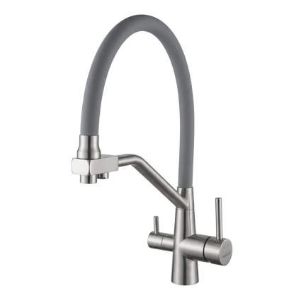 Смеситель для кухни 35k MIXLINE МЛНС-0404 (MLSS-0404) серый гиб.излив,подкл.к фильтру, п/гайку САТИН, однорычажный