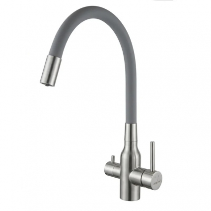 Смеситель для кухни 35k MIXLINE МЛНС-0403 (MLSS-0403) серый гиб.излив,подкл.к фильтру, п/гайку САТИН, однорычажный