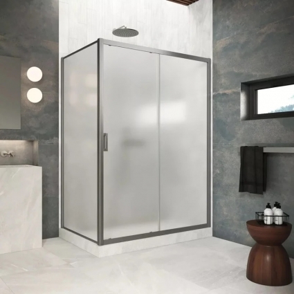 Душевой уголок Vegas Glass ZP+ZPV Protec 120*90 11 10 профиль оружейная сталь, стекло сатин, прямоугольный, двери раздвижные
