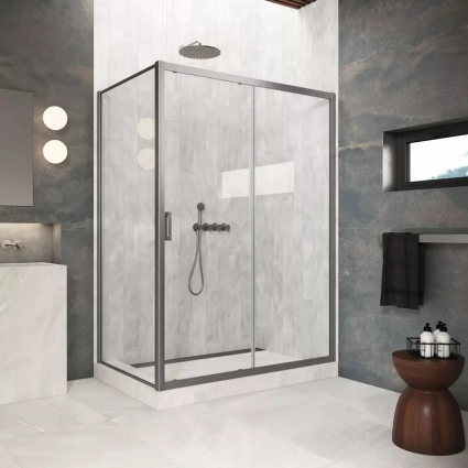 Душевой уголок Vegas Glass ZP+ZPV Protec 100*90 11 01 профиль оружейная сталь, стекло прозрачное, прямоугольный, двери раздвижные