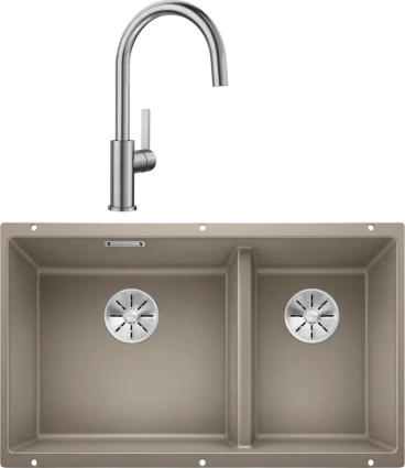 Комплект Мойка Blanco Subline 430/270-U, серый беж + Смеситель Candor 523120, матовая, прямоугольная