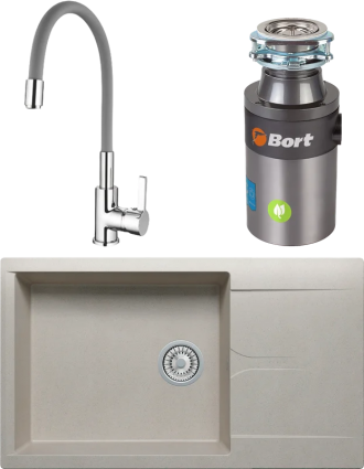Комплект Мойка Polygran Gals 444584 + Смеситель Ledeme Rainbow L4898-9 + Измельчитель Bort Titan 91275776 матовая, прямоугольная