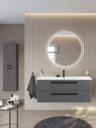 Мебель для ванной комнаты Cezares Eco-Cer-N 120 темно-серая матовая, раковина CZR-8095-120, ручки матовые черные, подвесная, с ящиками