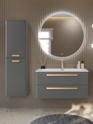 Мебель для ванной комнаты Cezares Eco-Cer-N 100 темно-серая матовая, раковина CZR-8073-100, ручки сатиновое золото, подвесная, с ящиками