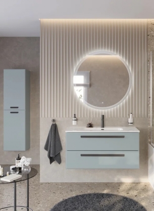 Мебель для ванной комнаты Cezares Eco-Cer-N 100 серо-голубая матовая, раковина CZR-8095-100, ручки матовые черные, подвесная, с ящиками
