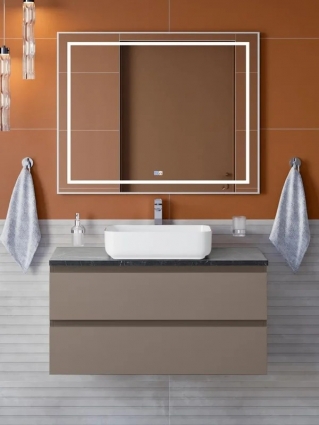Мебель для ванной комнаты BelBagno Kraft 100 подвесная, матовая бежевая, столешница kep-100-mno, раковина BB1304, с ящиками