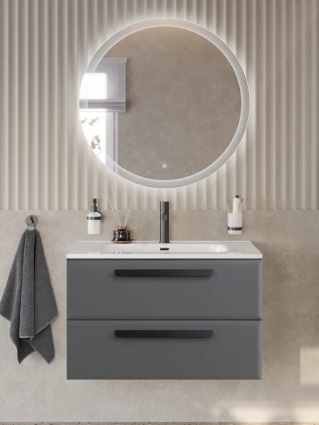 Тумба с раковиной Cezares Eco-Cer-N 80 темно-серая матовая, раковина CZR-8095-80, ручки матовые черные, подвесная, с ящиками