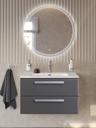 Тумба с раковиной Cezares Eco-Cer-N 80 темно-серая матовая, раковина CZR-8095-80, ручки серые, подвесная, с ящиками