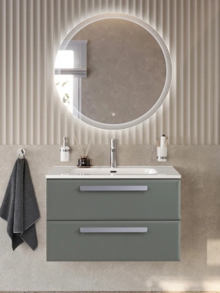Тумба с раковиной Cezares Eco-Cer-N 80 серо-зеленая матовая, раковина CZR-8095-80, ручки серые, подвесная, с ящиками