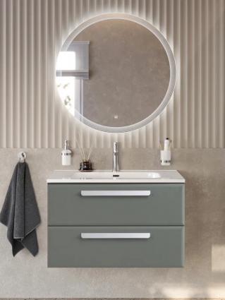 Тумба с раковиной Cezares Eco-Cer-N 80 серо-зеленая матовая, раковина CZR-8095-80, ручки сатин, подвесная, с ящиками