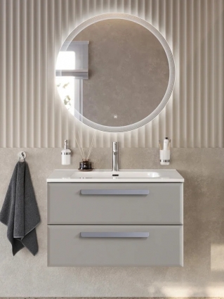 Тумба с раковиной Cezares Eco-Cer-N 80 серо-бежевая матовая, раковина CZR-8095-80, ручки серые, подвесная, с ящиками