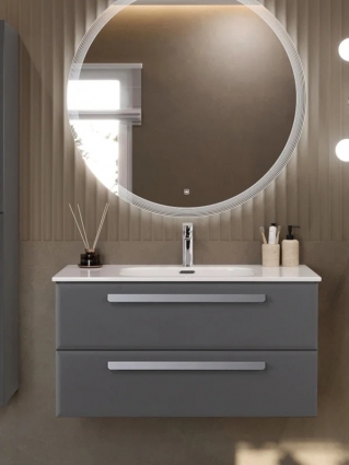 Тумба с раковиной Cezares Eco-Cer-N 100 темно-серая матовая, раковина CZR-8095-100, ручки серые, подвесная, с ящиками